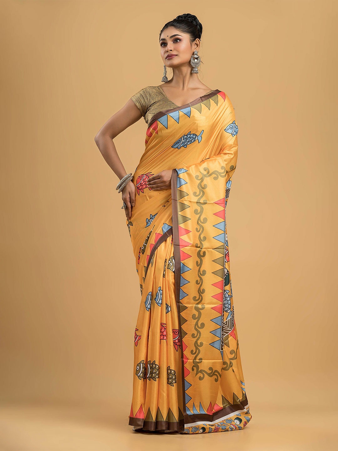 

Dheu Ethnic Motifs Printed Block Print Saree, Mustard
