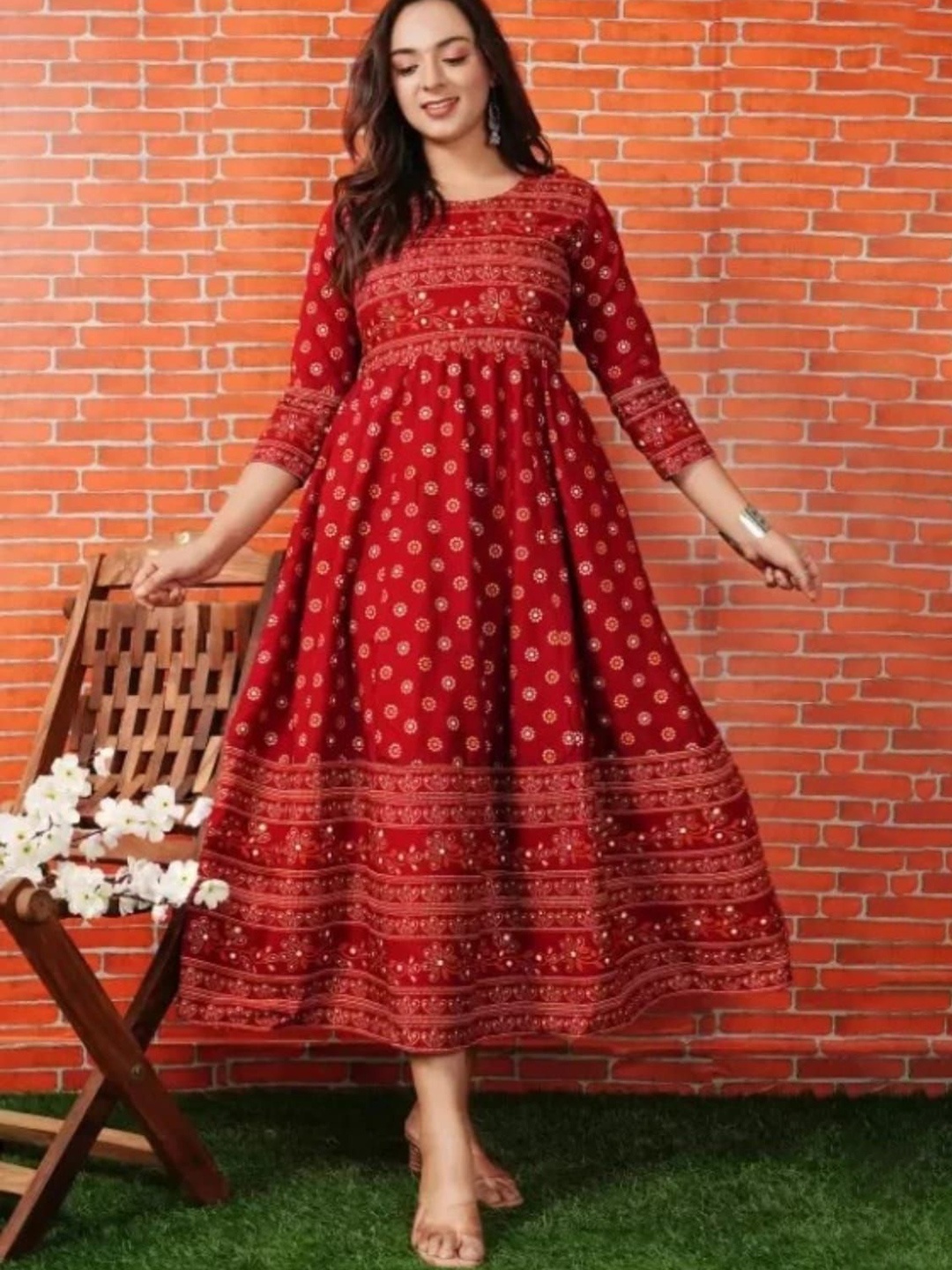 

Vorcia Febtex Women Block Printed Round Neck Anarkali Dress, Maroon