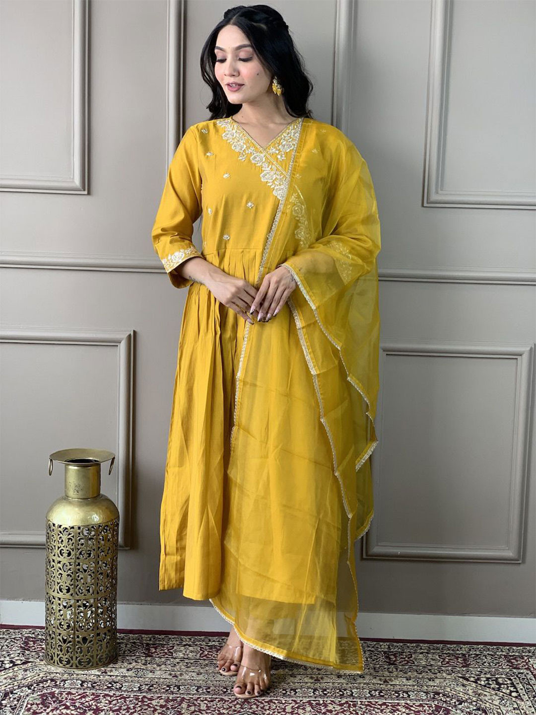 

KIWA STUDIO Embroidered A-Line Kurta & Trouser With Dupatta, Mustard