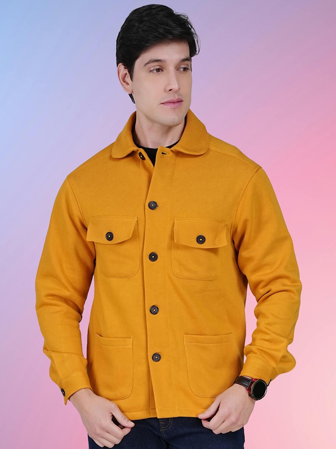 

RANJ Men Fleece Lightweight Open Front Jacket, Mustard