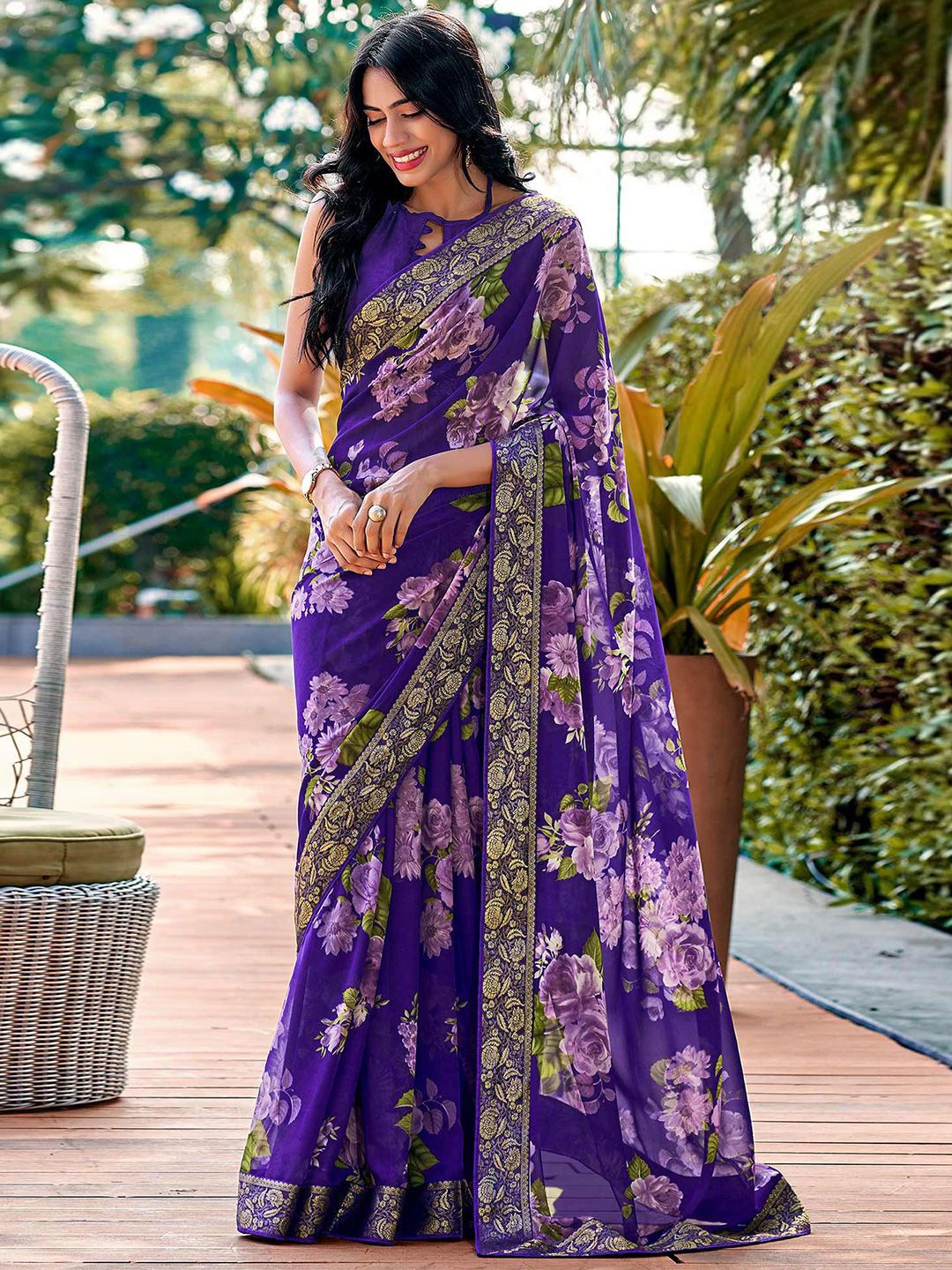 

Peachmode Floral Zari Pure Georgette Saree, Violet