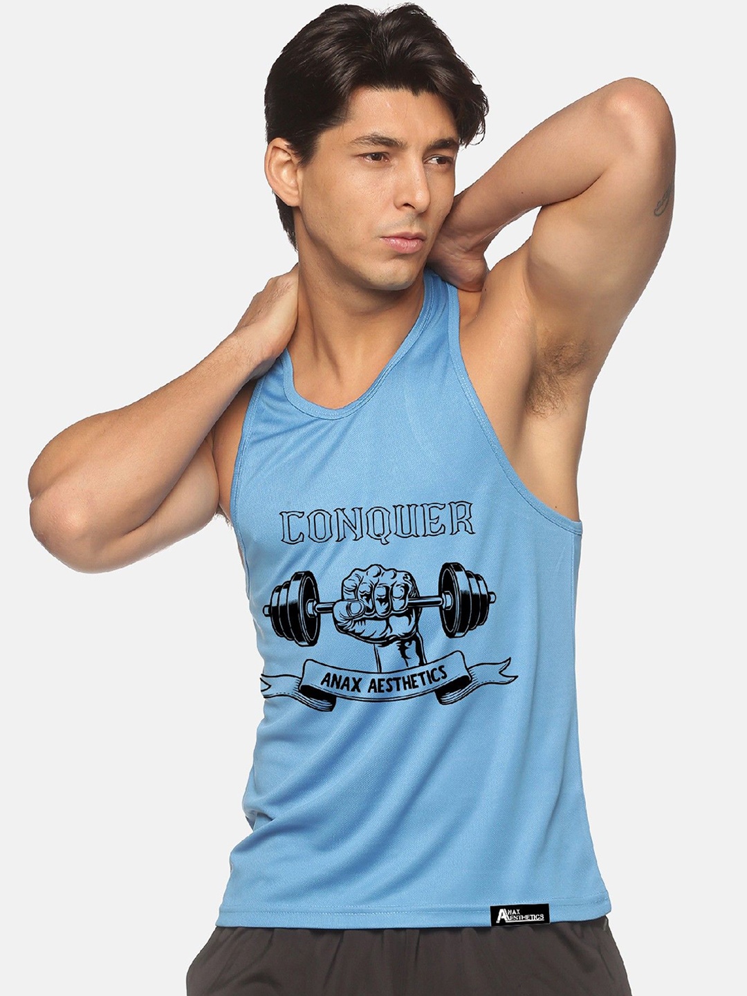 

Anax Aesthetics Men Polyester Dri-Fit Printed Sleeveless Sando Gym Vest Stringer Tank Top, Blue
