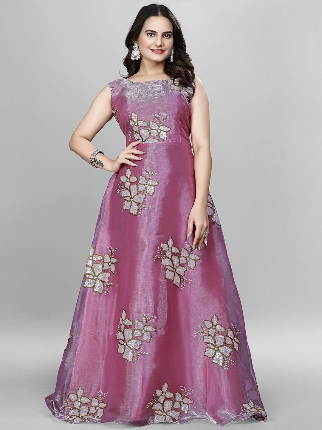 

APNISHA Embellished Embroidered Net Fit & Flare Maxi Dress, Pink