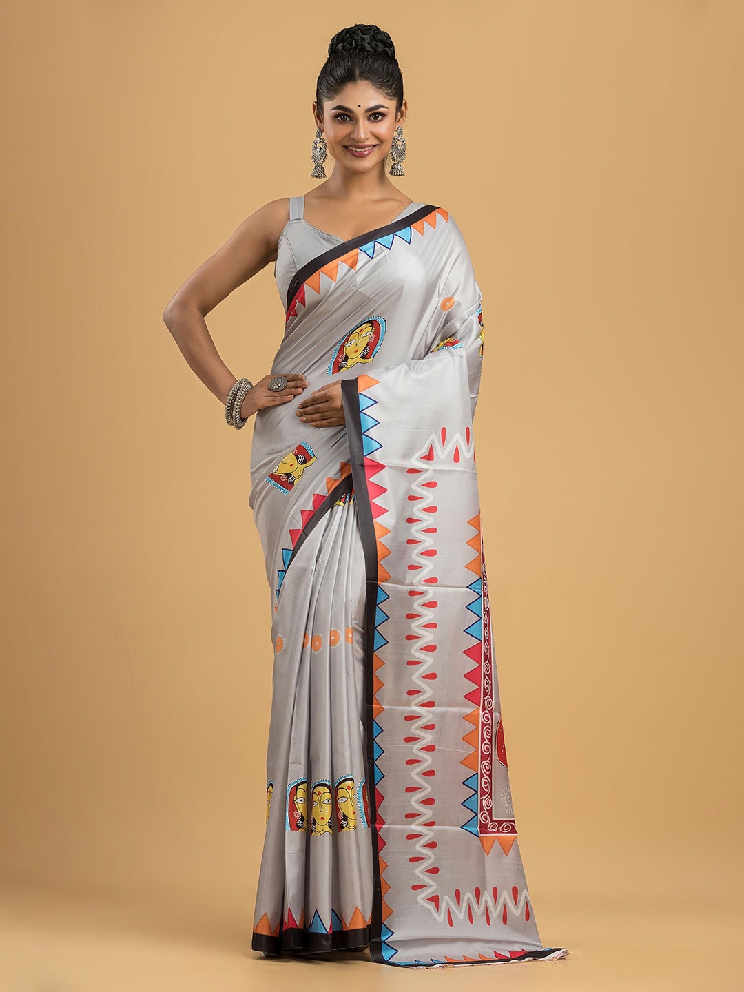 

Dheu Kalamkari Digital Printed Block Print Saree, Grey