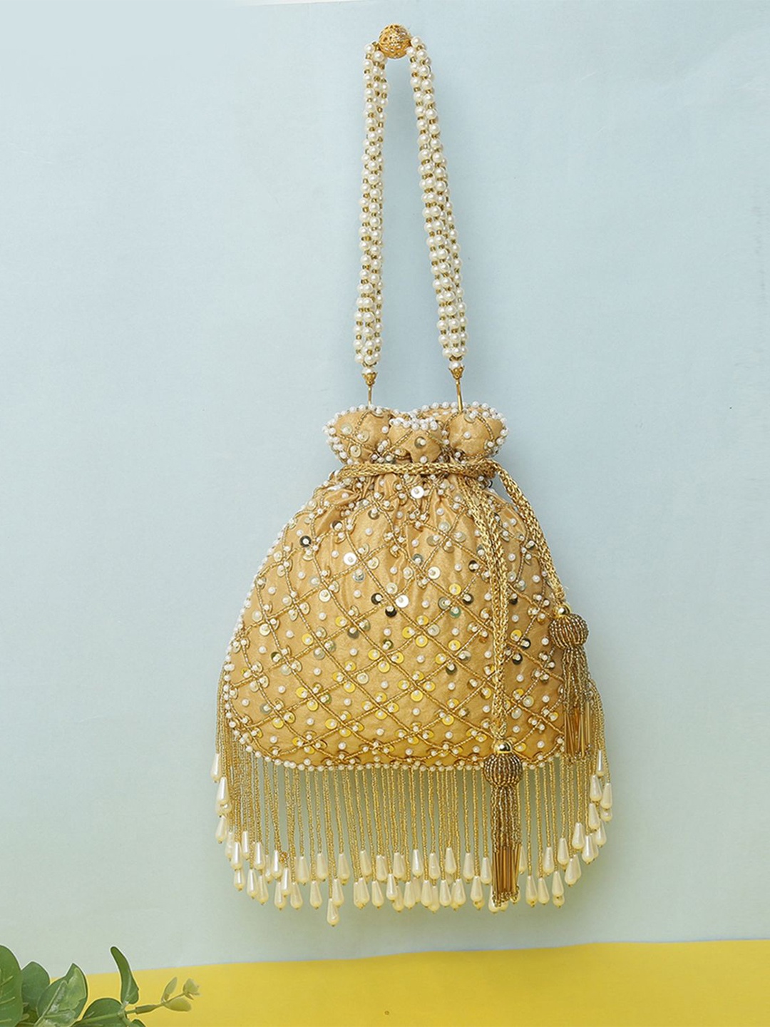

VASTANS Embellished Tasselled Potli Clutch, Gold