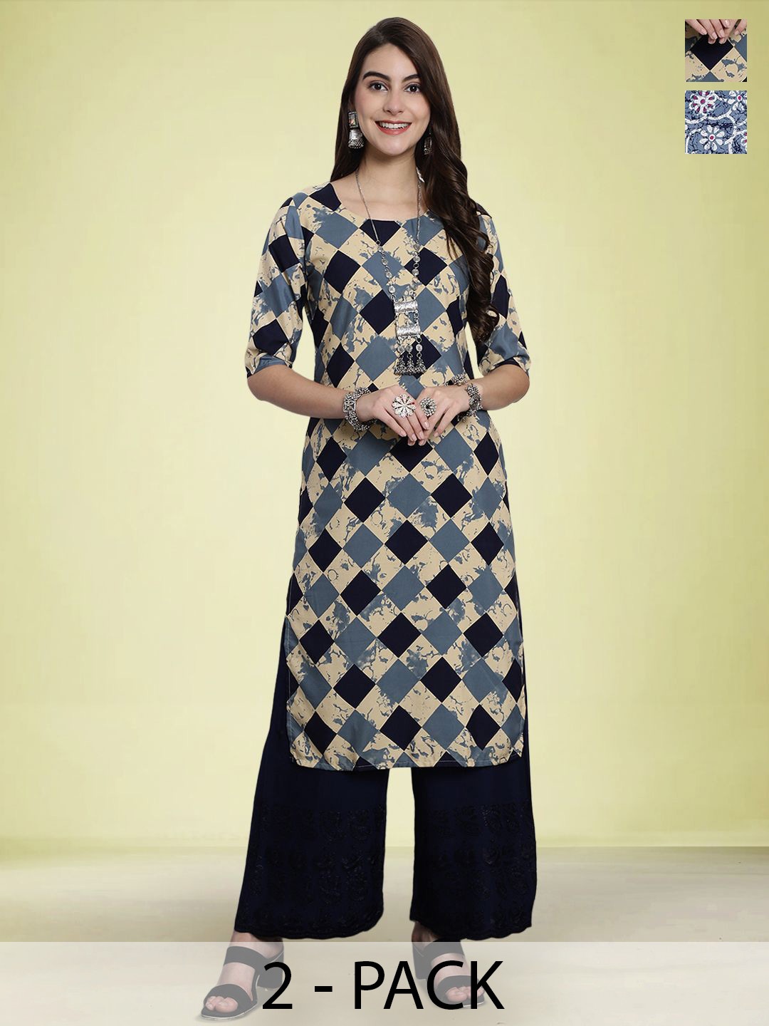 

Moda Rapido Selection Of 2 Geometric Printed Round Neck Straight Kurtas, Blue