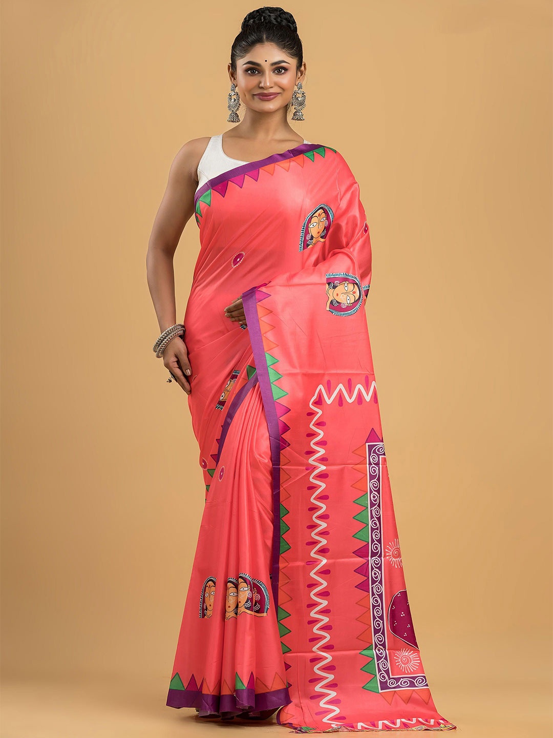 

Dheu Ethnic Motifs Block Print Saree, Pink