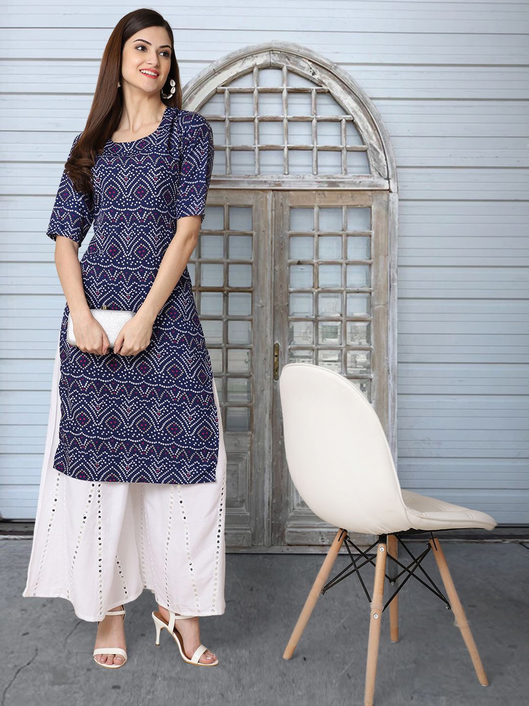 

Moda Rapido Bandhani Printed Round Neck Straight Kurta, Blue