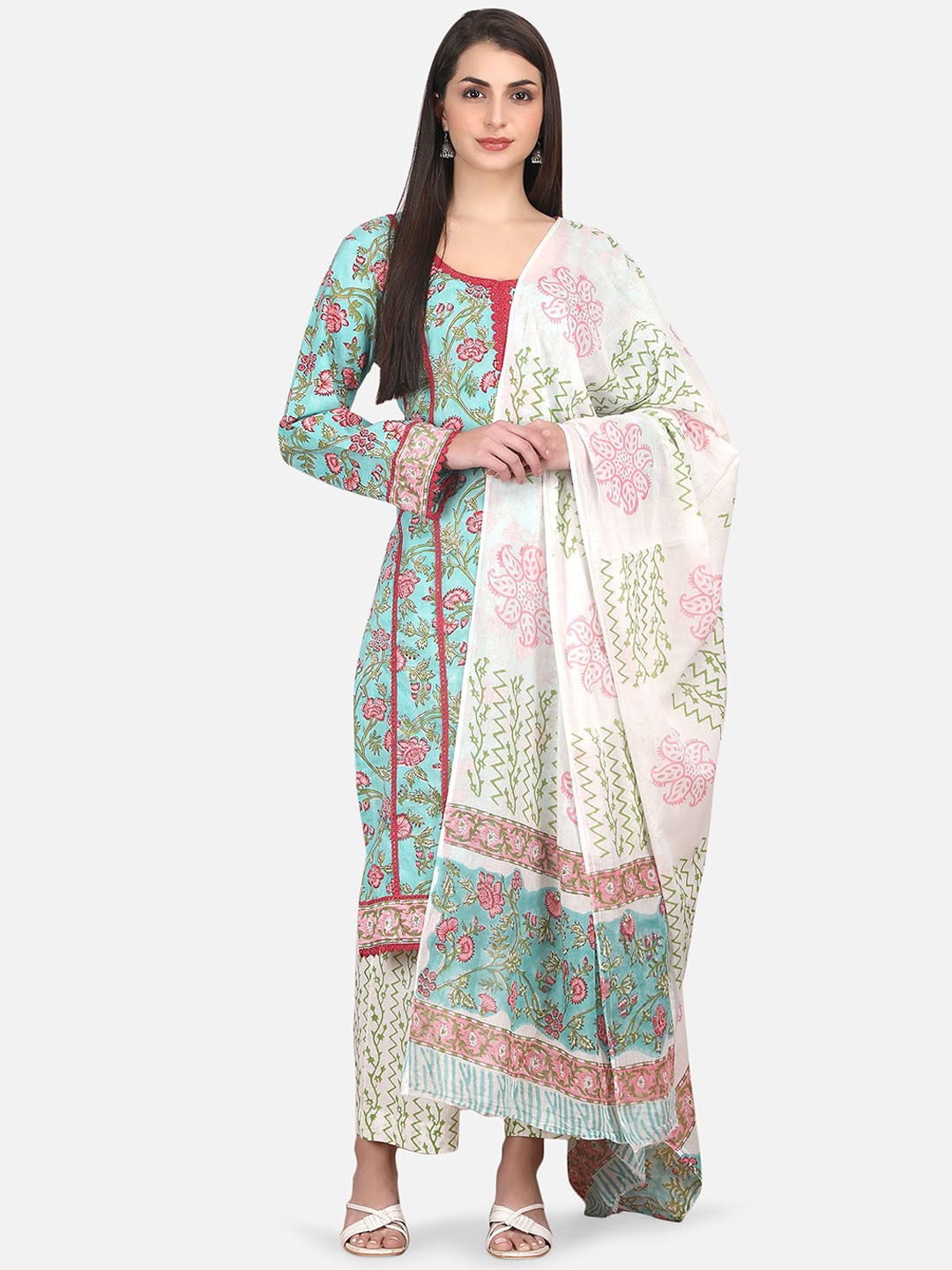 

Akshayini Ruhani Floral Printed Pure Cotton Straight Kurta With Trousers & Dupatta, Green