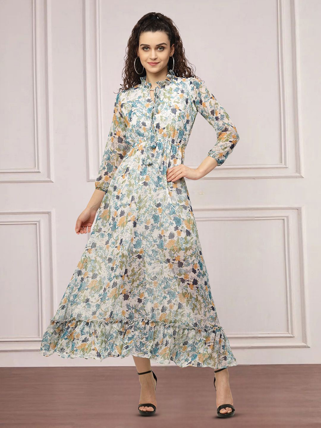 

MISS AYSE Floral Print Tie-Up Neck Applique Fit & Flare Dress, Multi