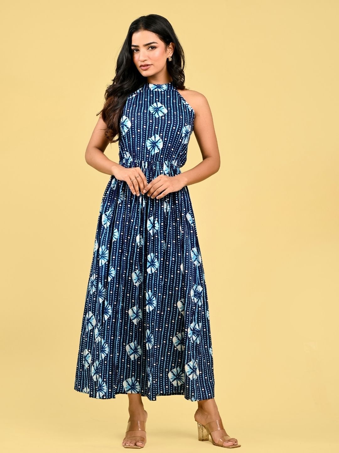 

RAAKA Women Floral Print Keyhole Neck Maxi Fit & Flare Dress, Blue