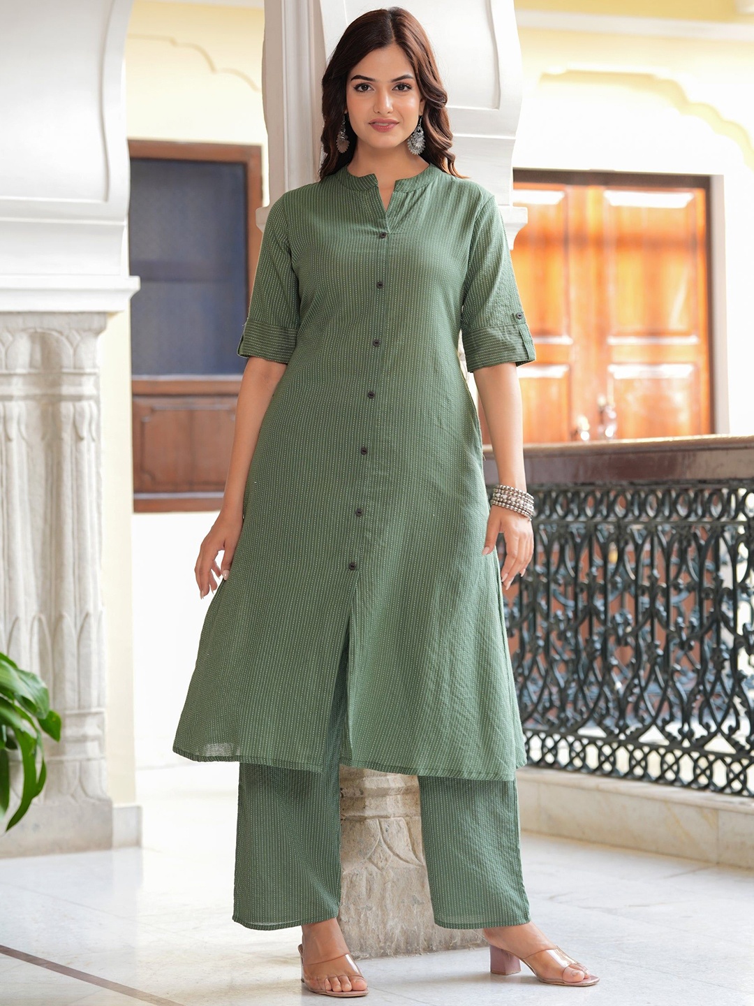 

KOTHOTYA Women Regular Kurta with Palazzos, Green