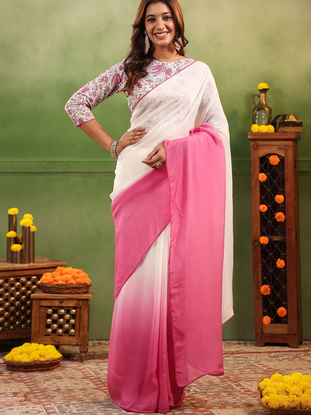 

Moora Ombre Dyed Organza Saree with Blouse Piece, Pink