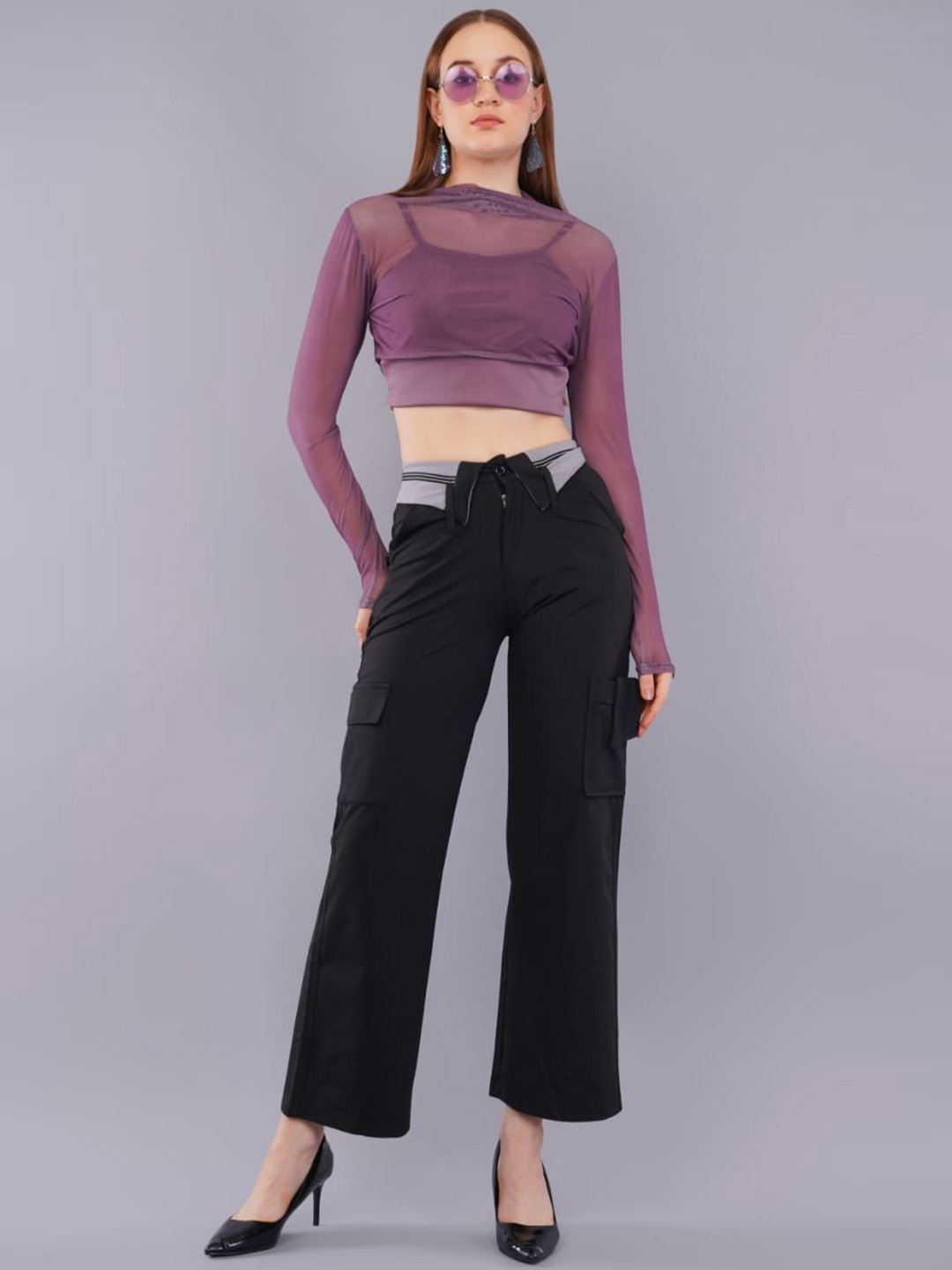 

HIGH BUY Choker Neck Net Crop Top, Purple