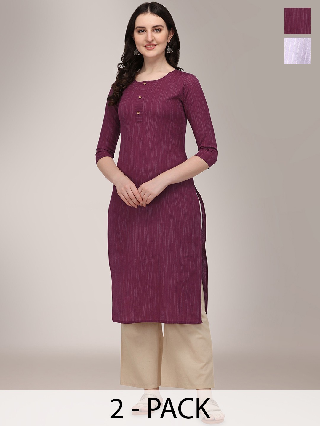 

KALINI Selection Of 2 Woven Desgin Round Neck Straight Kurtas, Maroon