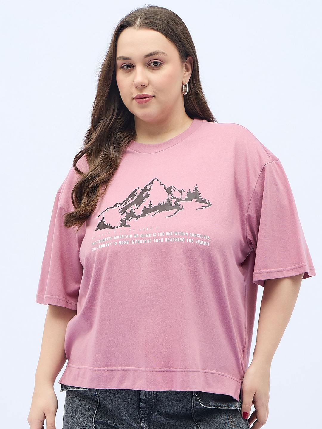 

DressBerry Curve Women Floral Printed Drop-Shoulder Sleeves T-shirt, Pink