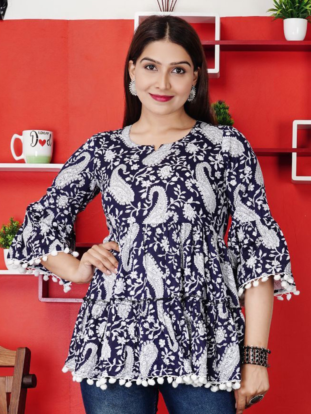 

L.H HANDICRAFTS Ethnic Motifs Printed Cotton Top, Navy blue