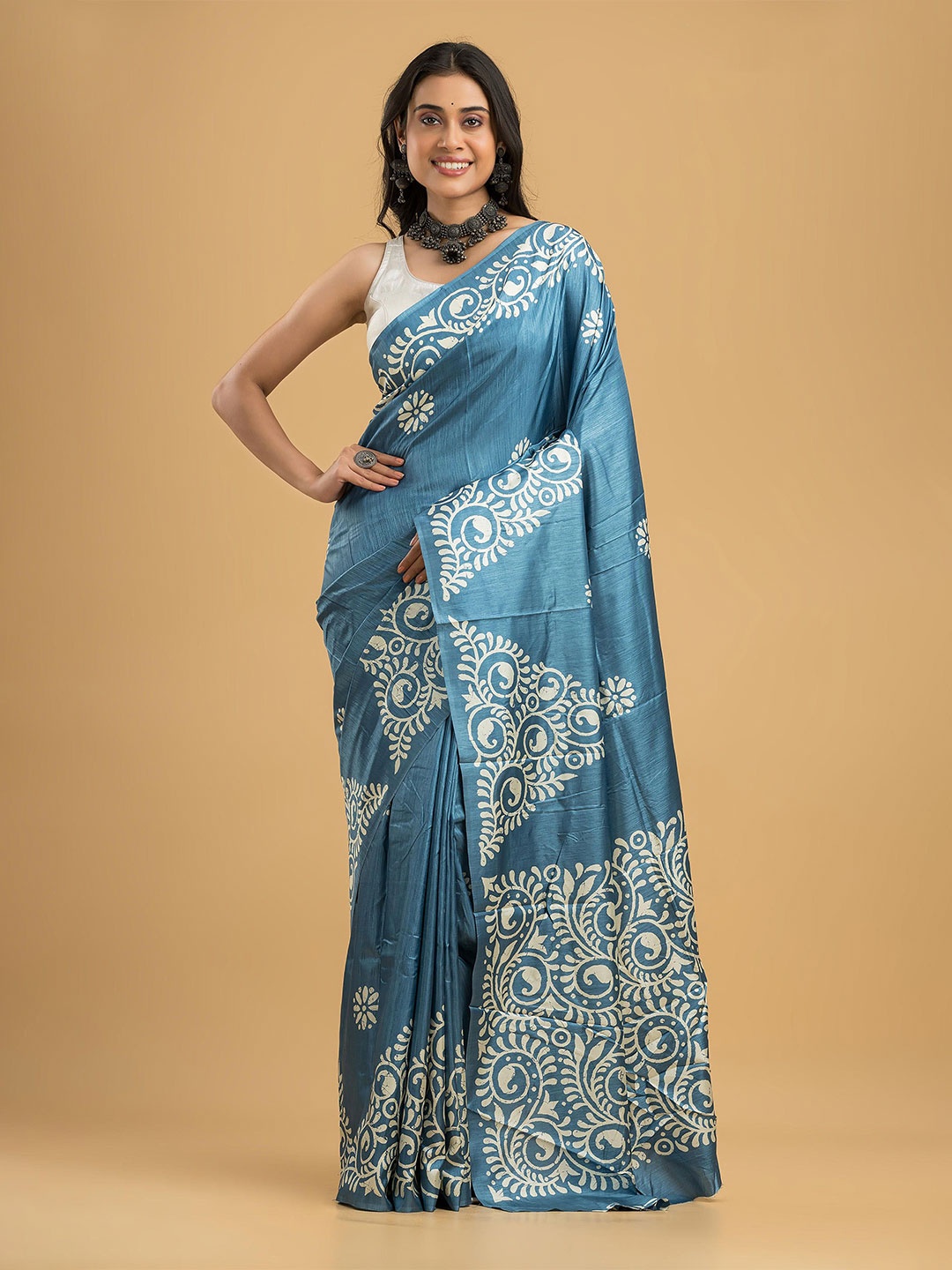 

Dheu Batik Printed Block Print Saree, Blue
