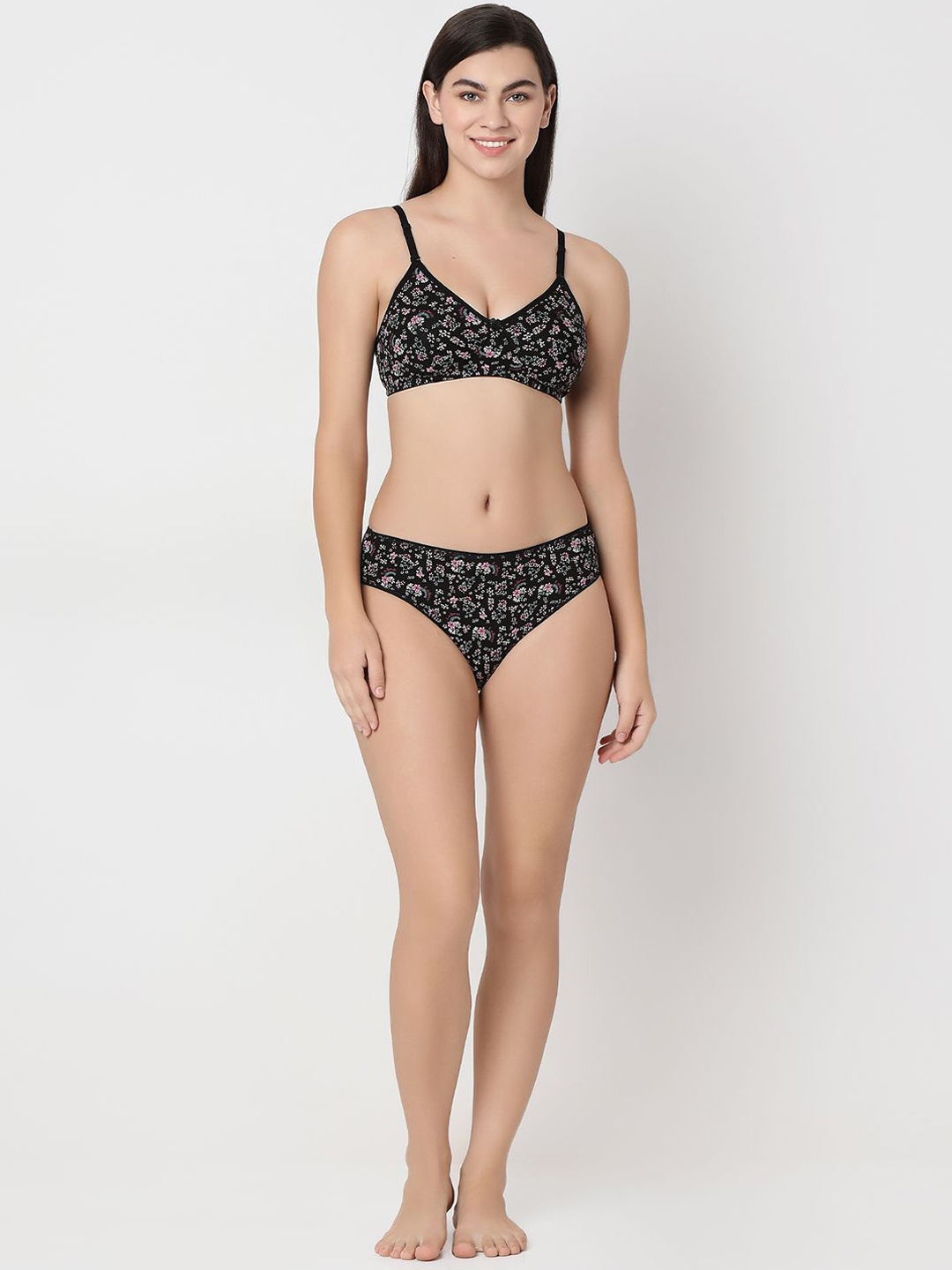 

Juliet Printed Cotton Non Padded Lingerie Set, Black