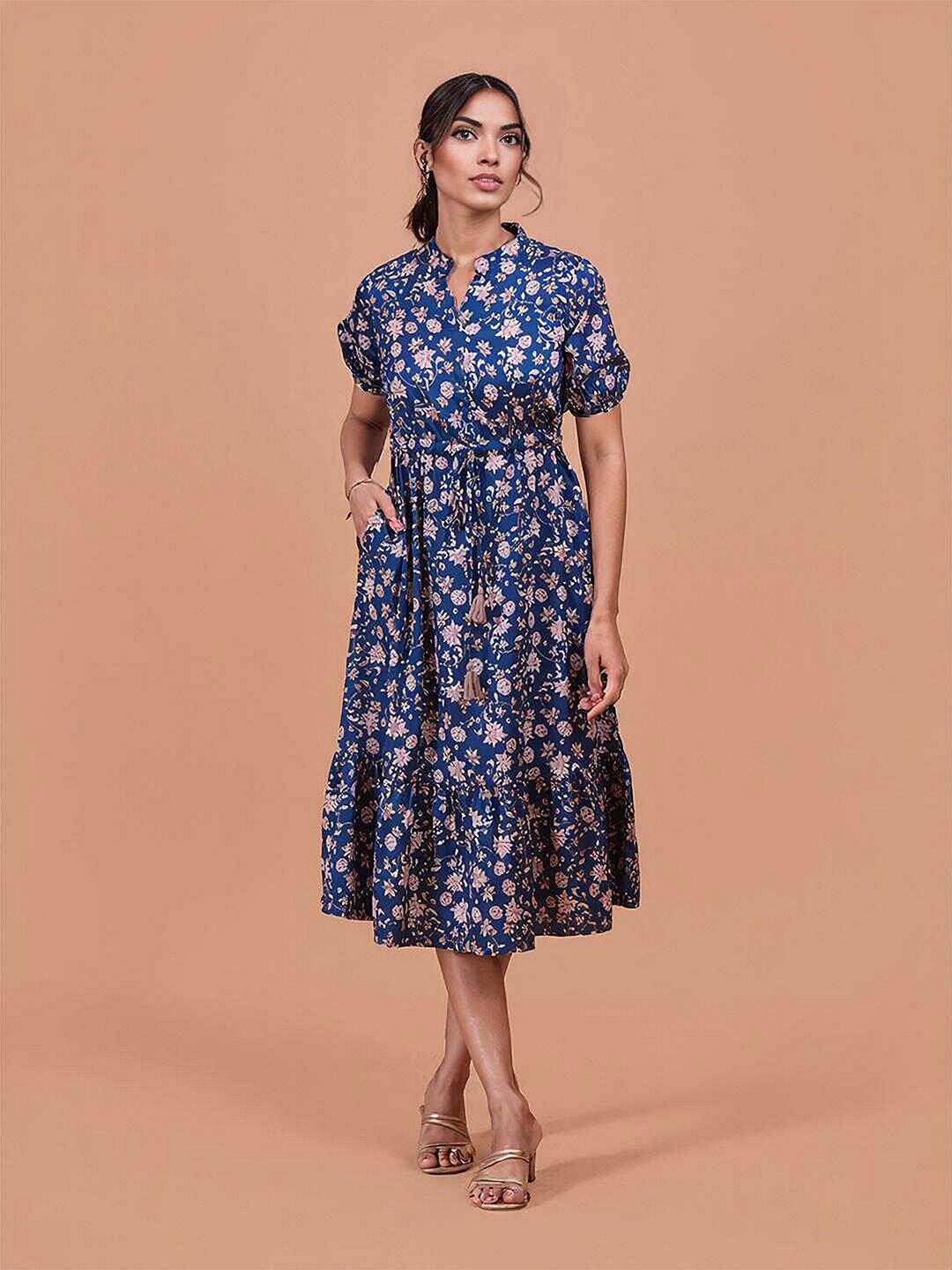 

DressBerry Ethnic Motifs Printed Mandarin Collar Cotton Fit & Flare Midi Dress, Blue