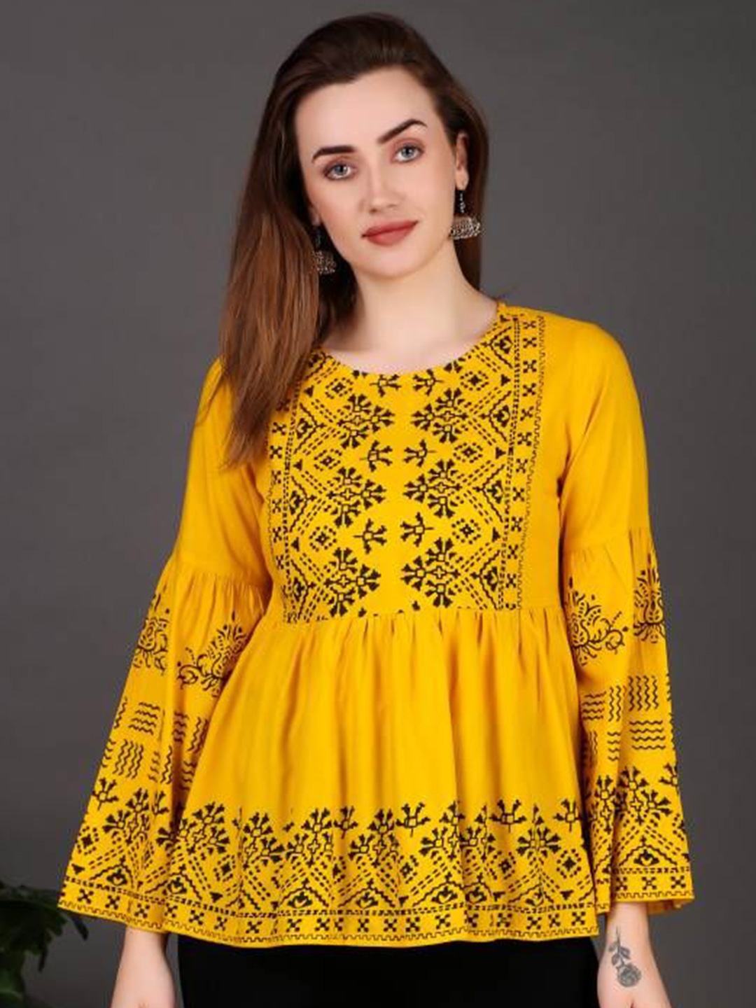 

OSAMWEAR Round Neck Printed Bell Sleeve Top, Yellow