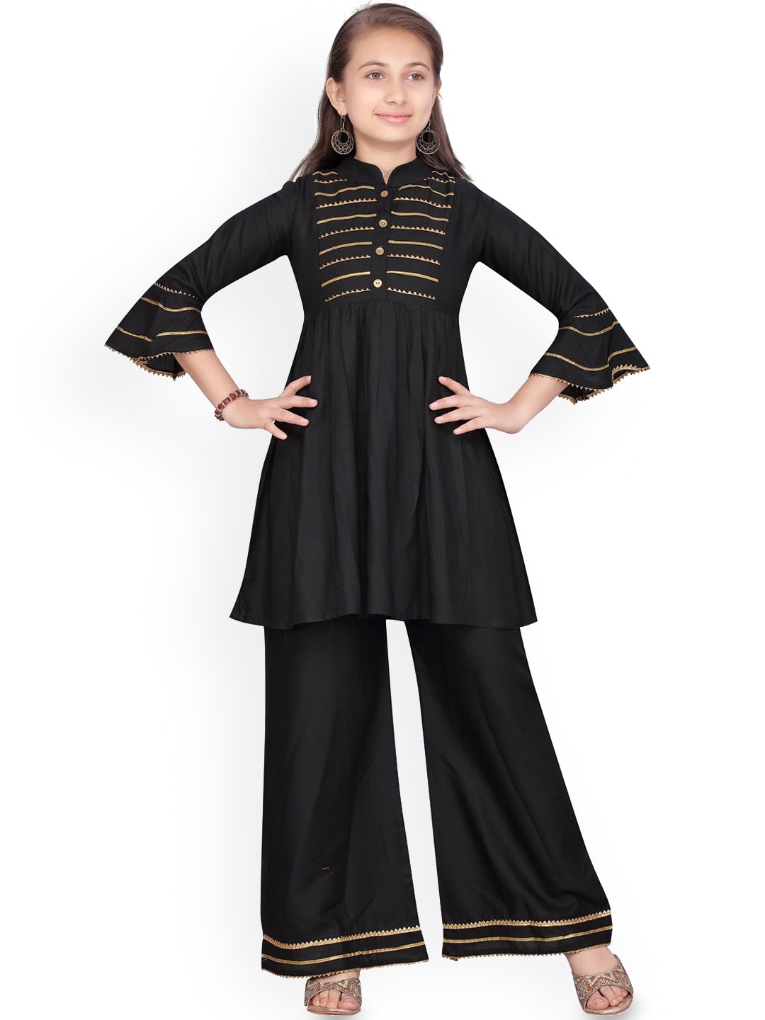 

BAESD Girls Solid Mandarin Collar A-Line Pure Cotton Kurta with Palazzos, Black