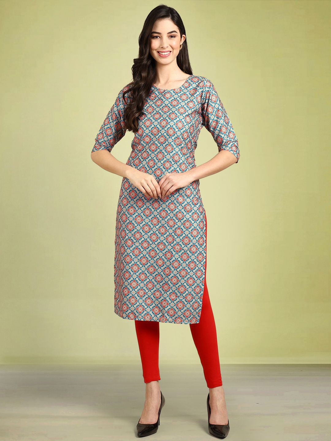 

Moda Rapido Ethnic Motifs Printed Round Neck Straight Kurta, Blue
