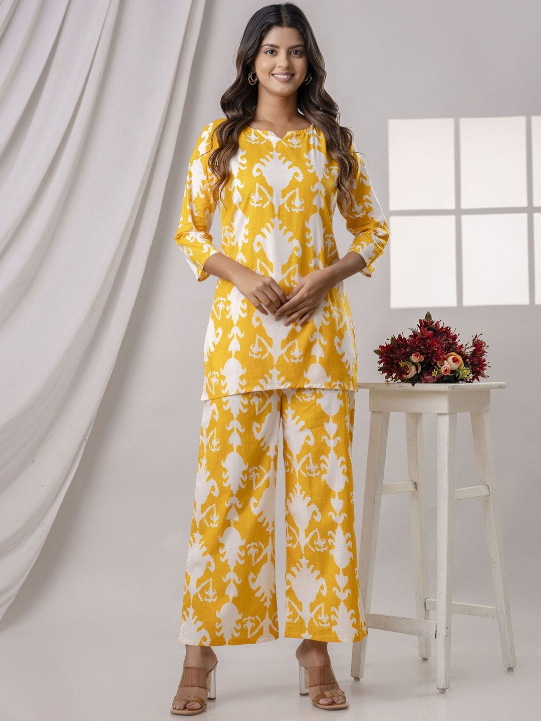 

POSHART FASHION AS UNIQUE AS YOU ARE Printed Pure Cotton Tunic & Trousers Co-Ords, Yellow