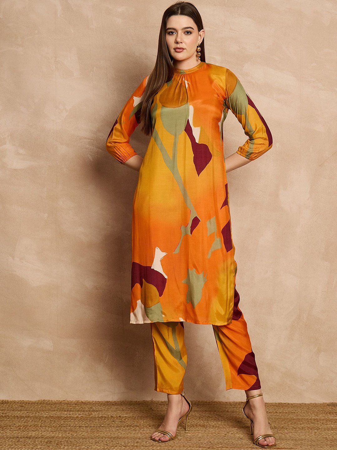 

all about you Orange-Coloured Abstract Printed Regular Kurta with Trousers