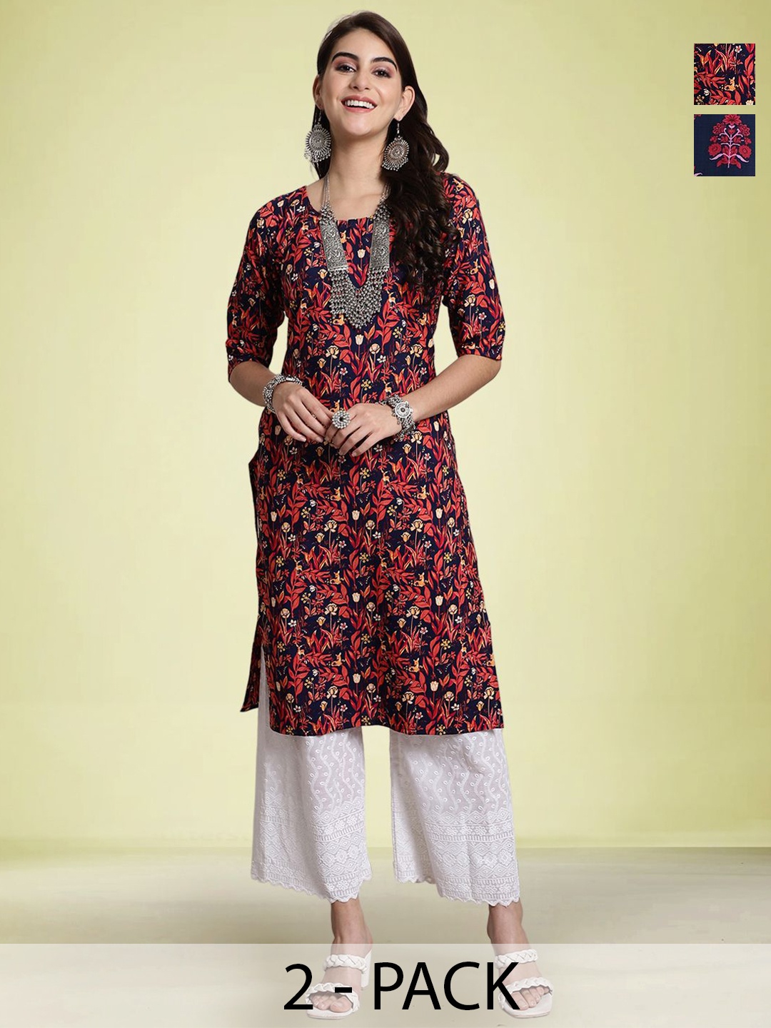 

Moda Rapido Selection of 2 Floral Printed Round Neck Straight Kurtas, Navy blue
