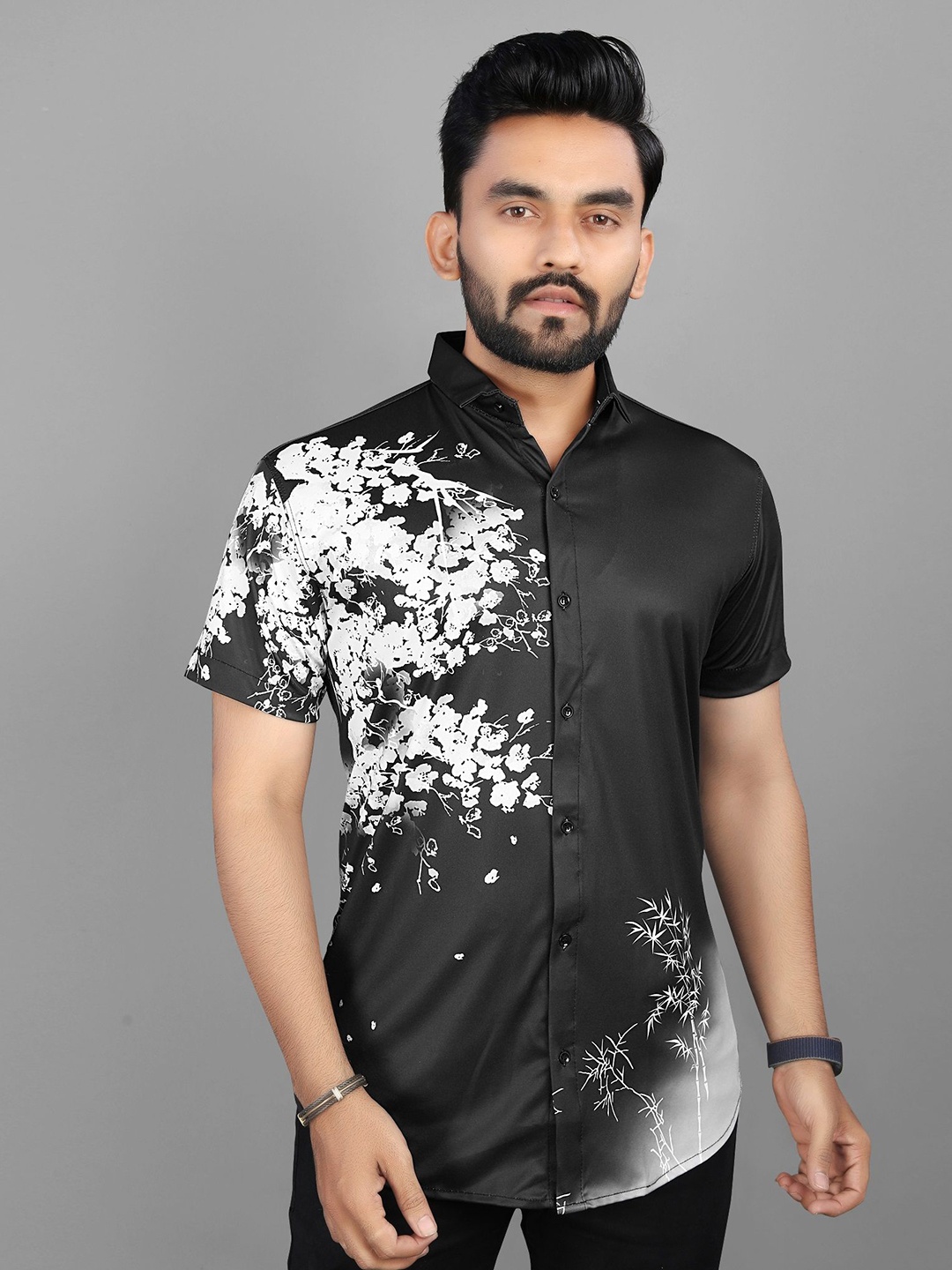 

Fashion FRICKS Men Classic Floral Opaque Printed Casual Shirt, Black