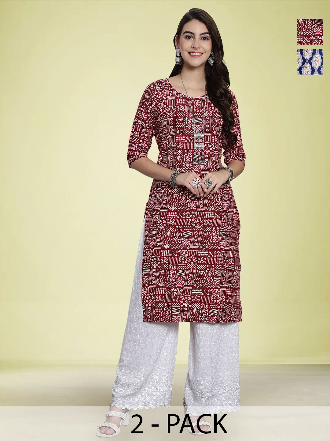 

Moda Rapido Selection Of 2 Ethnic Motifs Printed Round Neck Straight Kurtas, Maroon