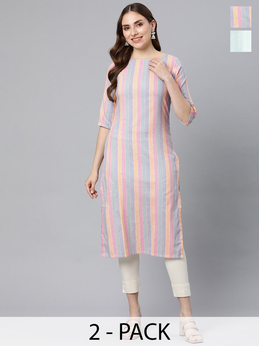 

KALINI Selection Of 2 Striped Round Neck Straight Kurtas, Pink