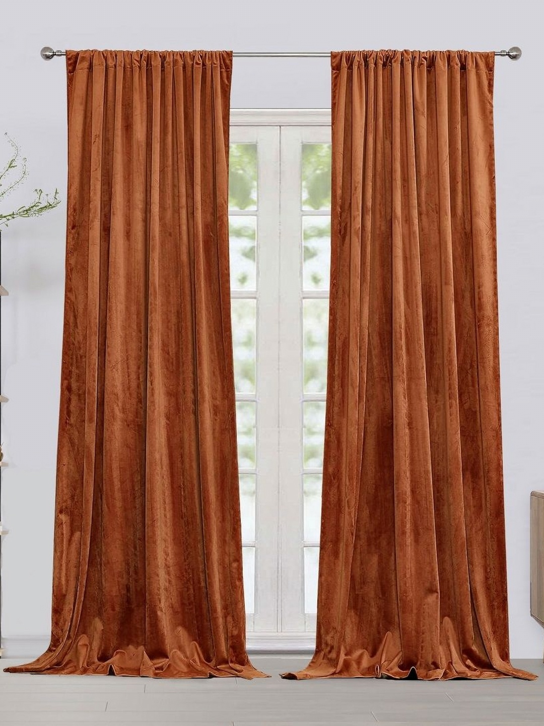 

HOMEMONDE Orange-Coloured 2 Pieces Velvet Black Out Window Curtains