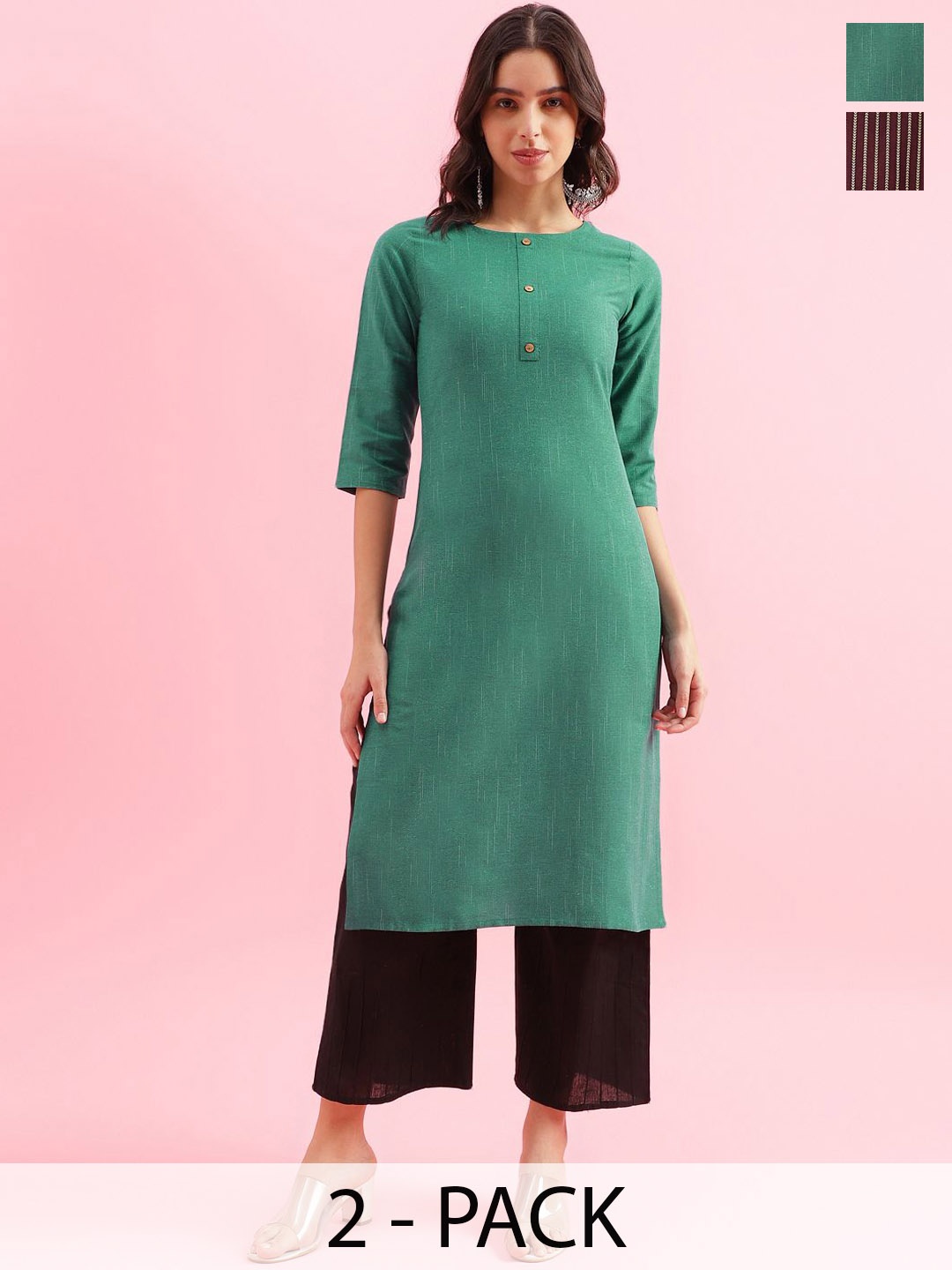 

KALINI Selection Of 2 Striped Round Neck Straight Kurta, Green