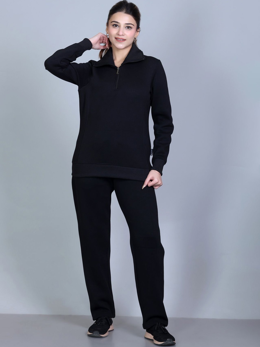 

Antiloop's Women Stylish Polo Neck Mid-Rise Tracksuits, Black