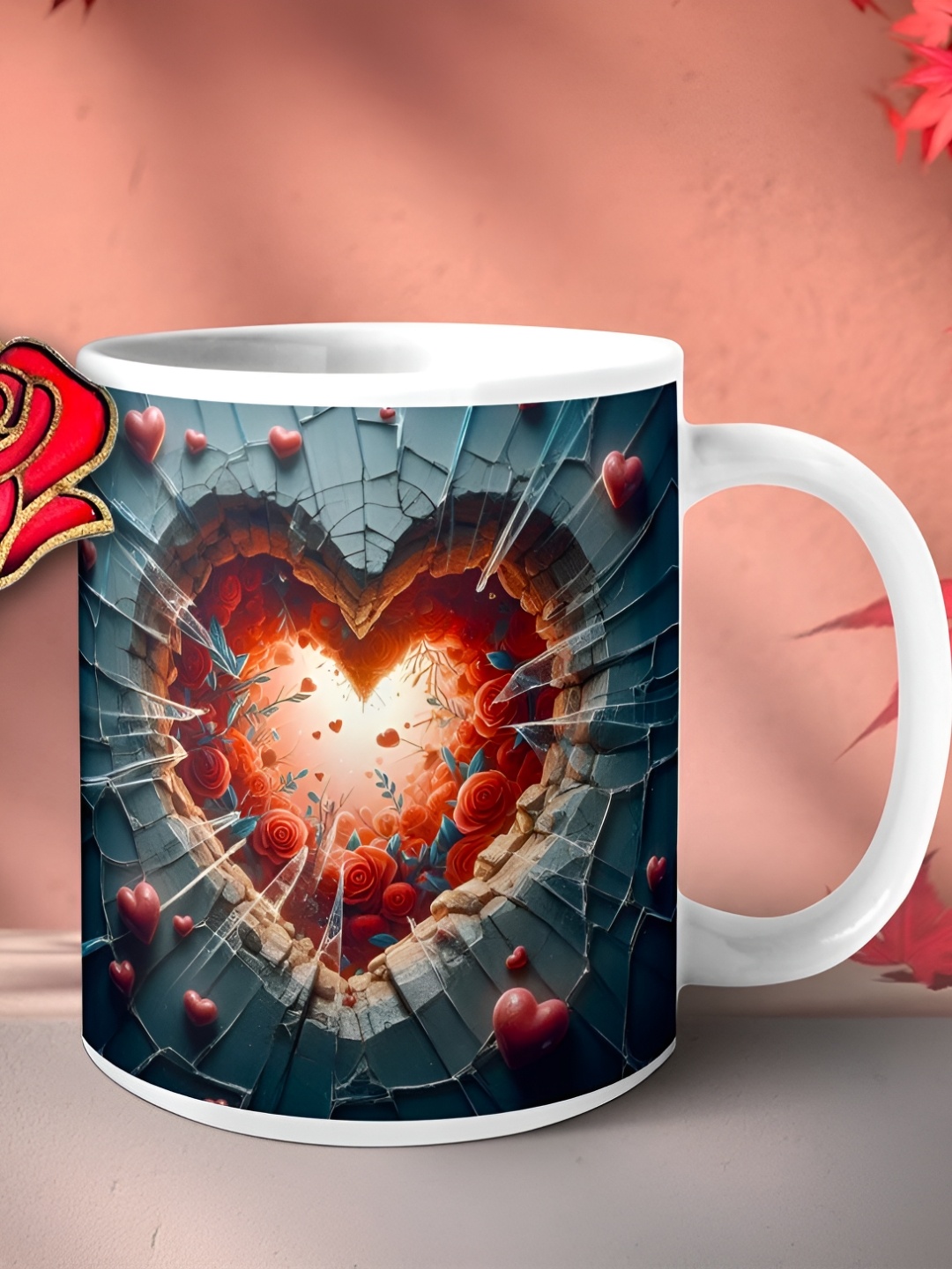 

Phirki Studio White 2 Pieces Printed Ceramic Glossy Mugs With Wooden Rose Magnet 350ml