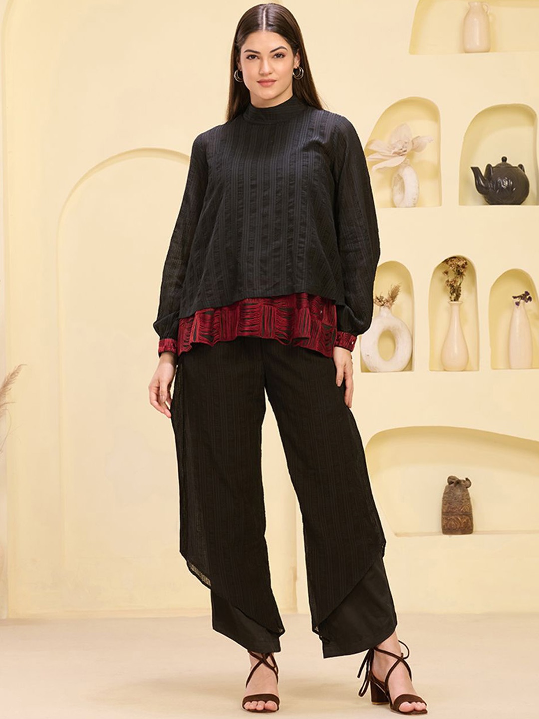 

First Resort by Ramola Bachchan Self Design High Neck Layered Top & Trouser, Black