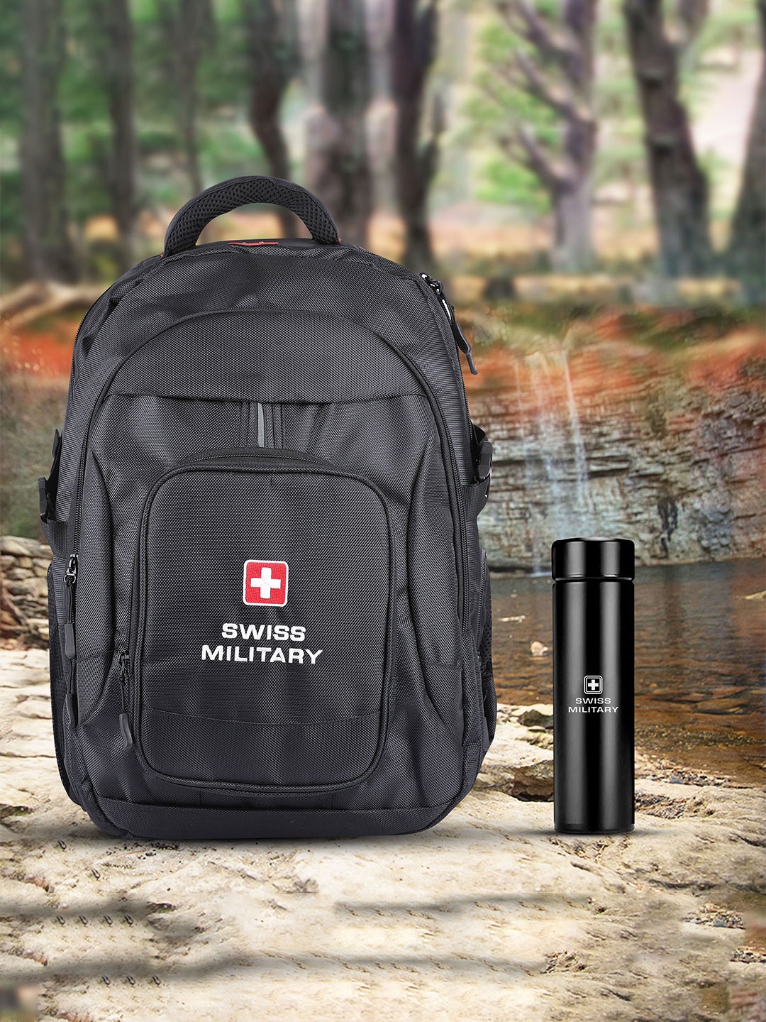 

SWISS MILITARY Unisex Brand Logo Backpack with Digital Vacuum Flask, Black