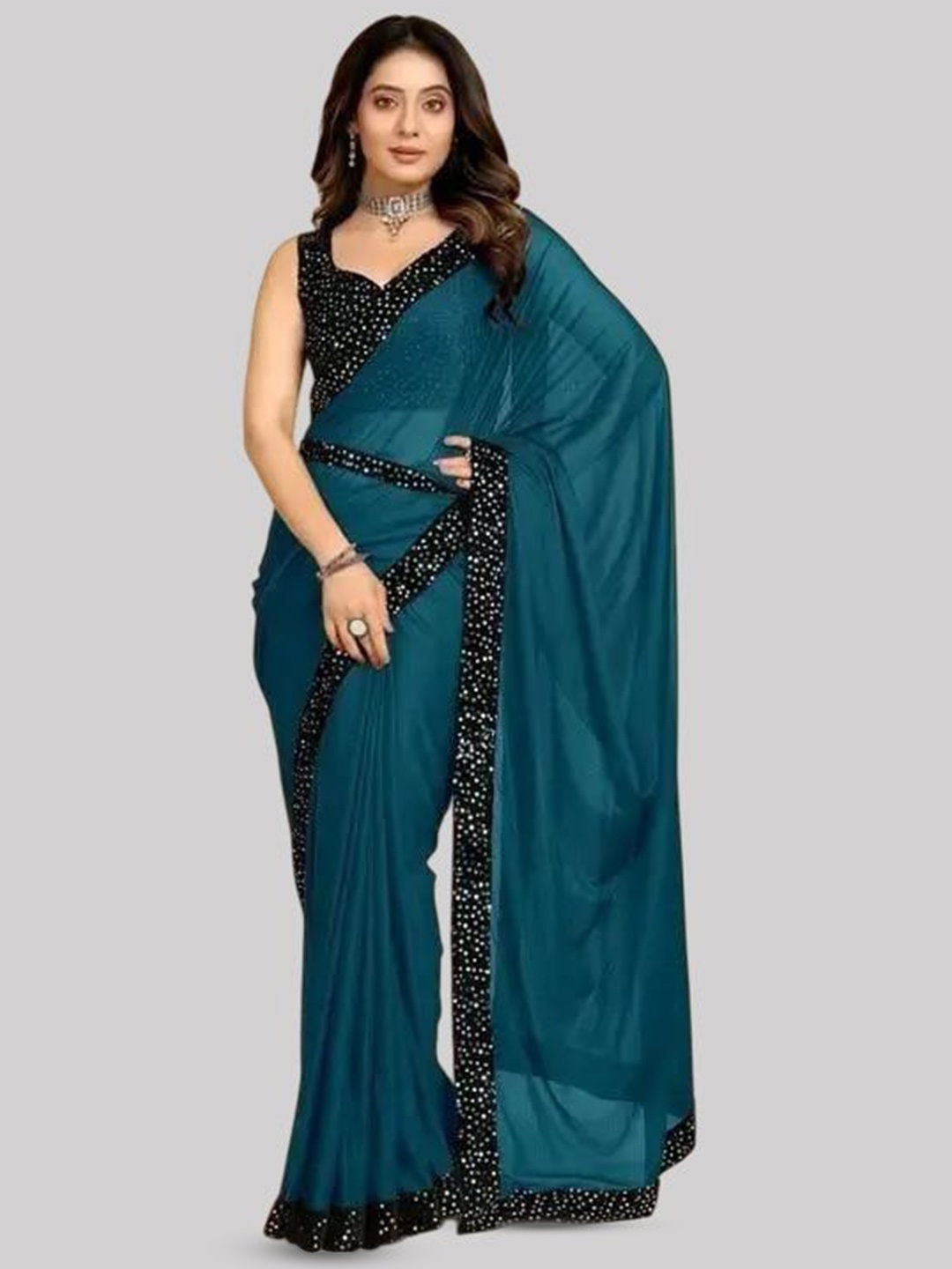 

Caracola Sequinned Embellished Saree with Blouse Piece and Belt, Blue