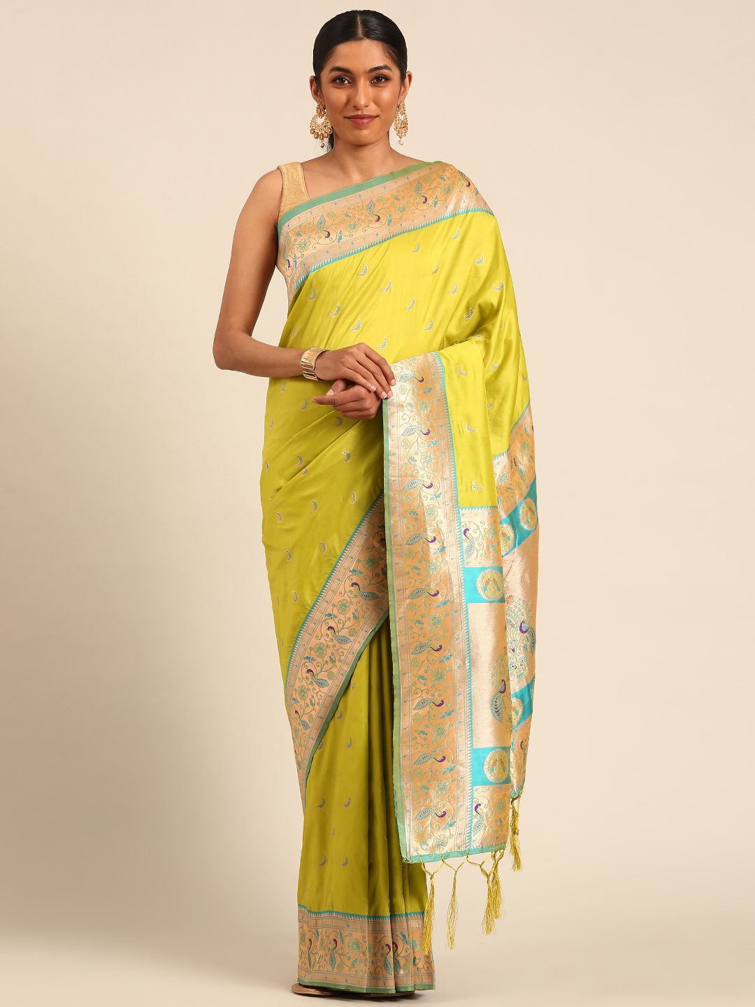 

Panzora Woven Design Zari Silk Blend Paithani Saree, Green