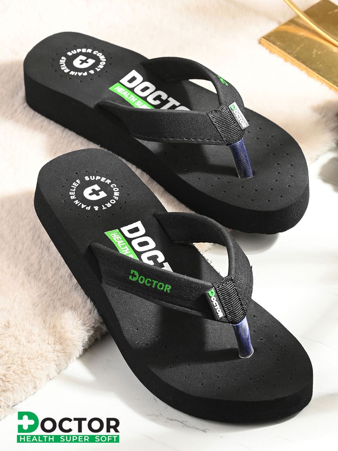 

DOCTOR HEALTH SUPER SOFT Women Printed Slip-On Flip-Flops, Black