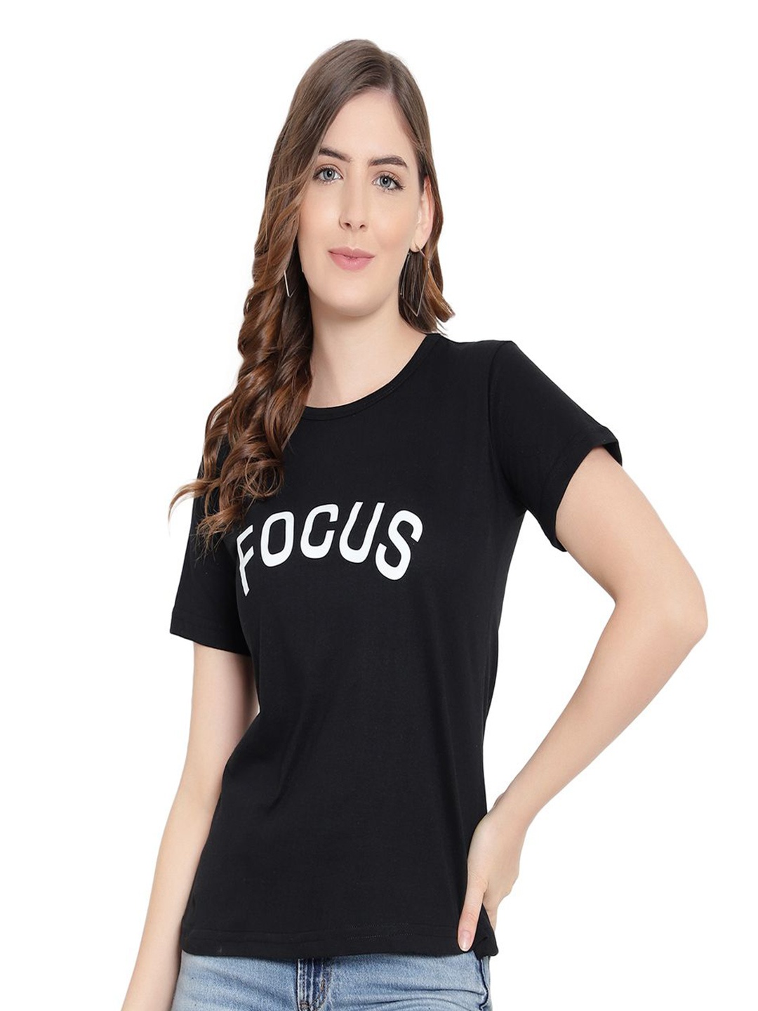 

DEEPMAYRA COLLECTION Women Cotton Typography Printed T-shirt, Black