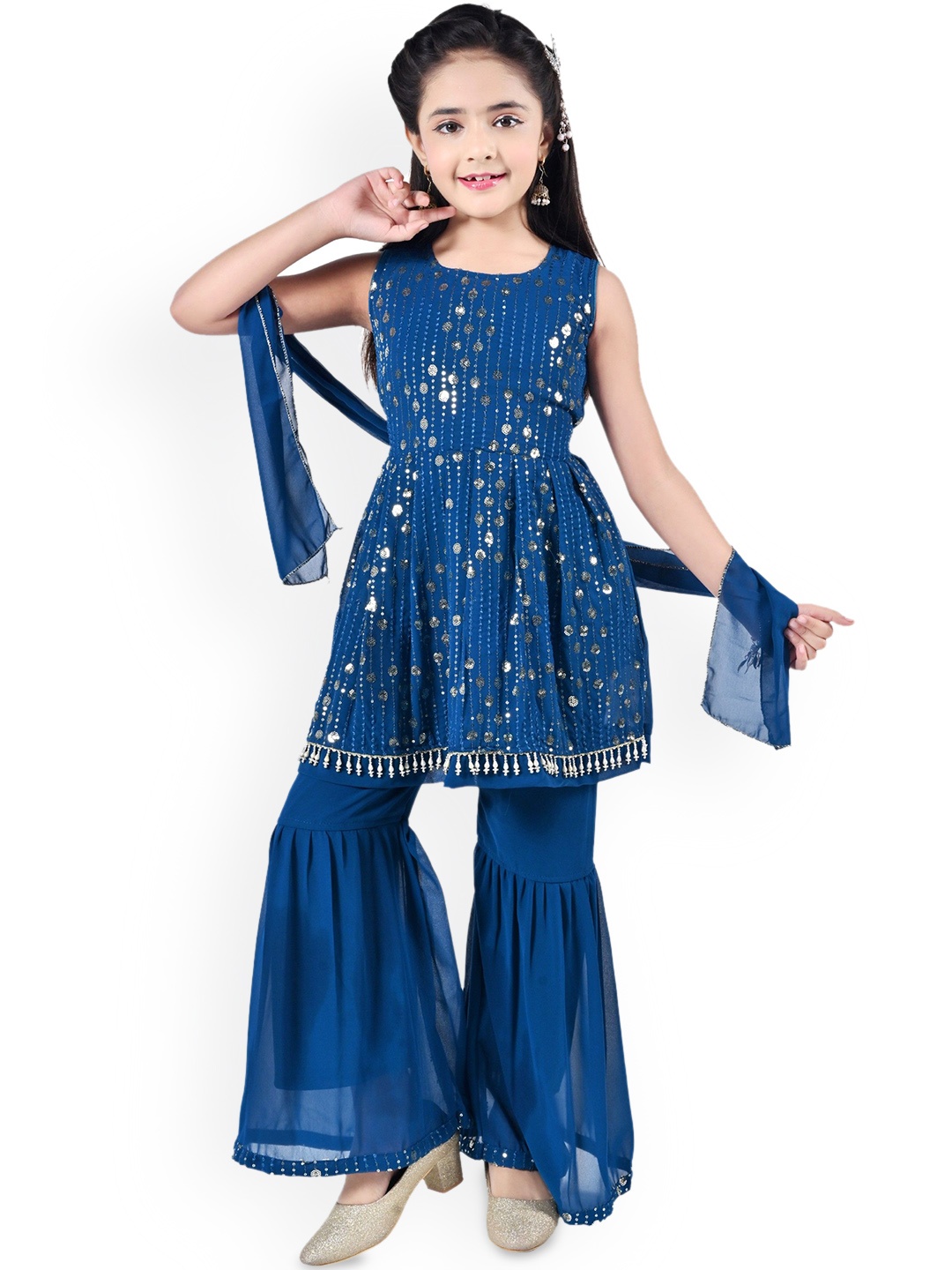 

Arshia Fashions Girls Embroidered Georgette Anarkali Kurti with Sharara & Dupatta, Blue