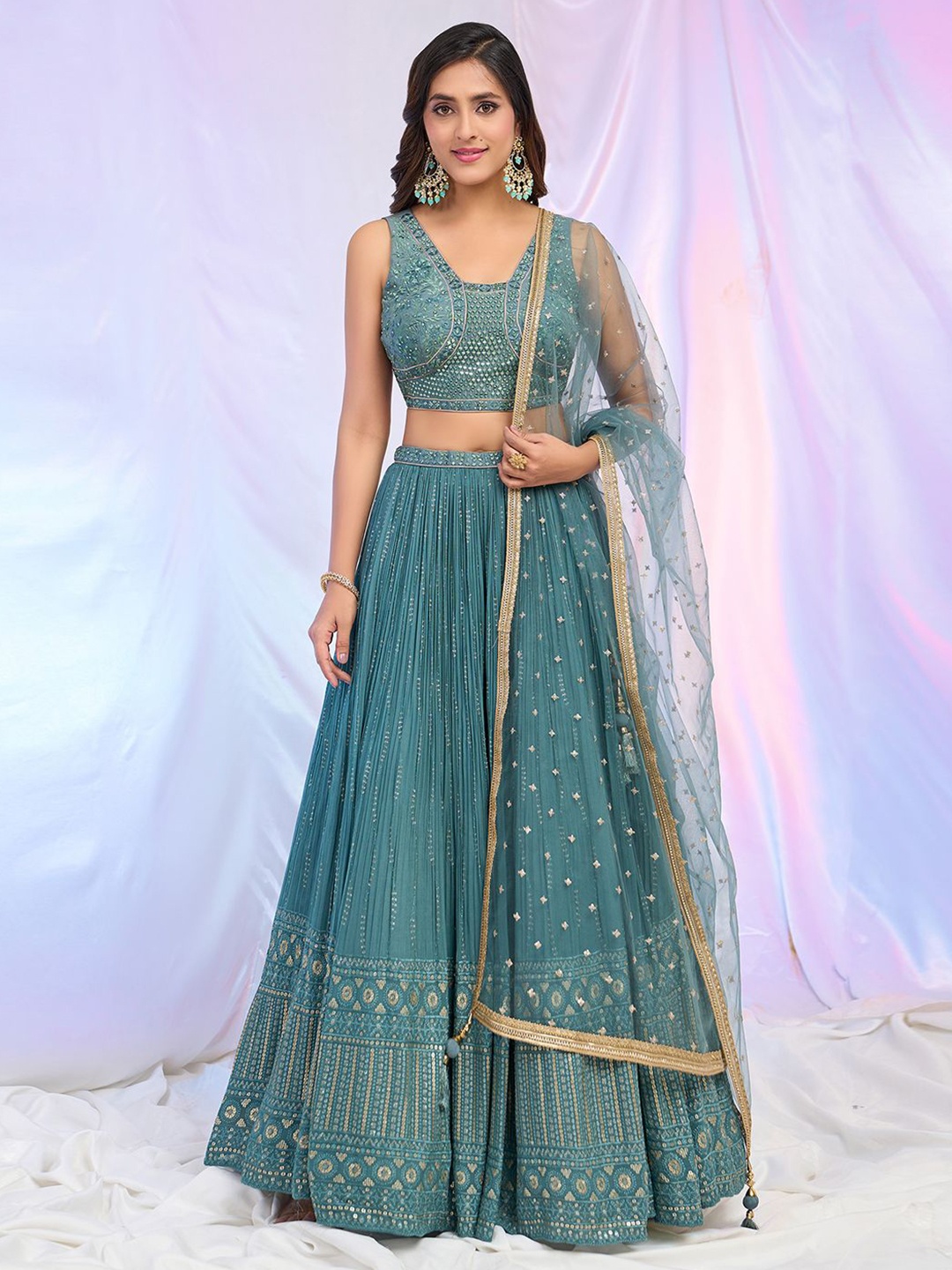 

Alaya Advani Embellished Sequinned Ready to Wear Lehenga & Blouse With Dupatta, Blue