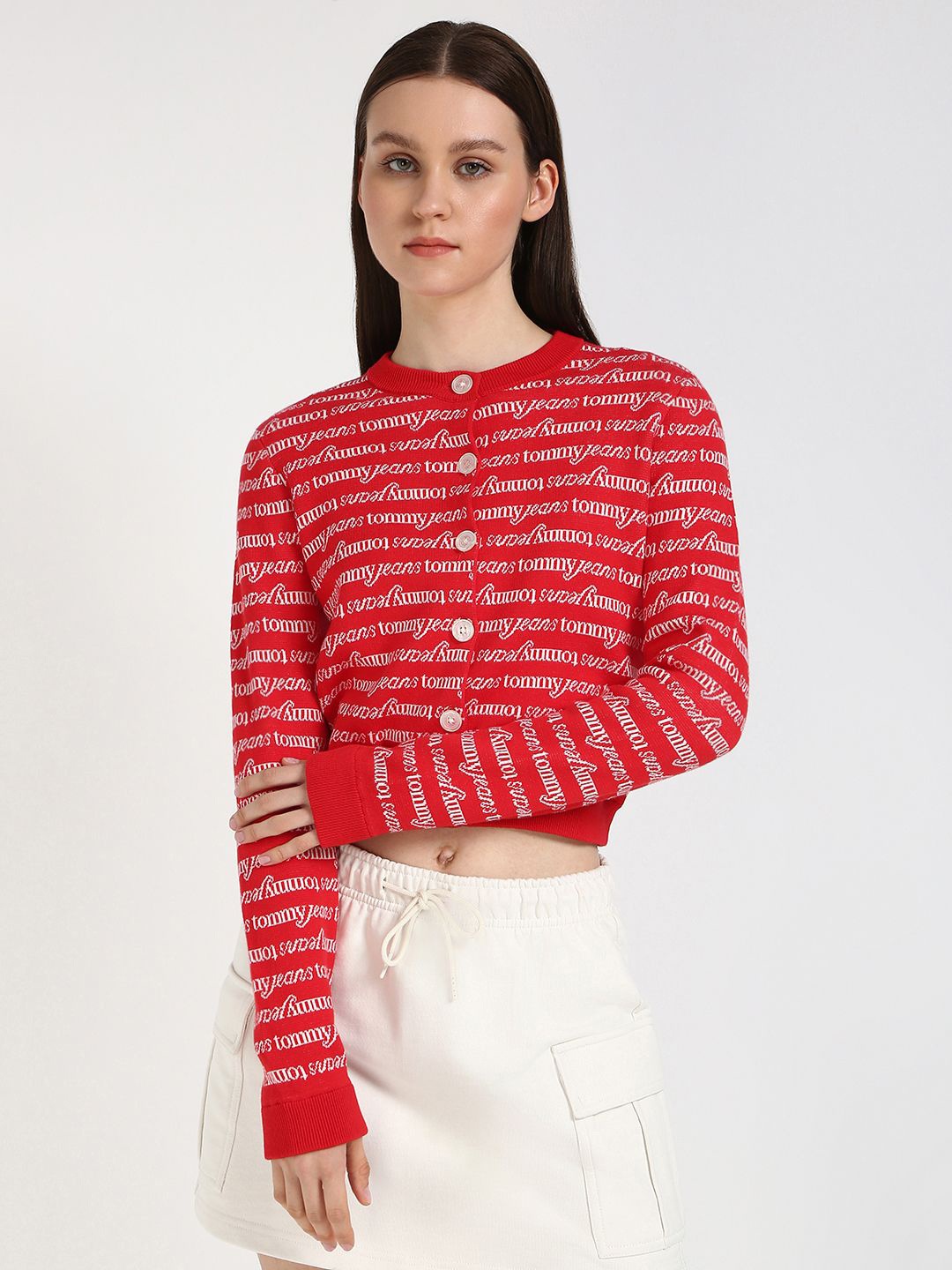 

Tommy Hilfiger Women Typography Printed Crop Cardigan Sweater, Red