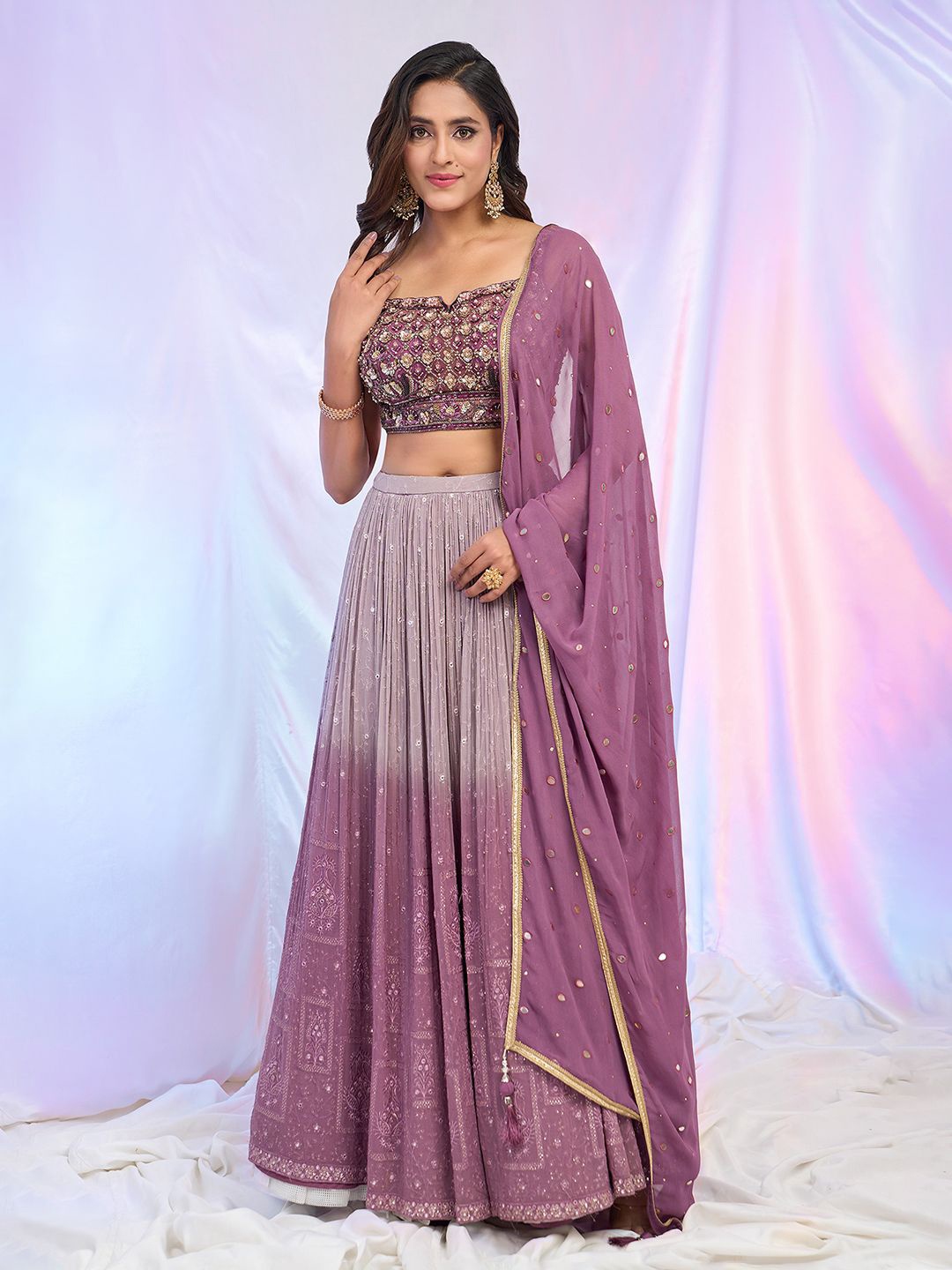 

Alaya Advani Embroidered Beads and Stones Ready to Wear Lehenga & Blouse With Dupatta, Purple