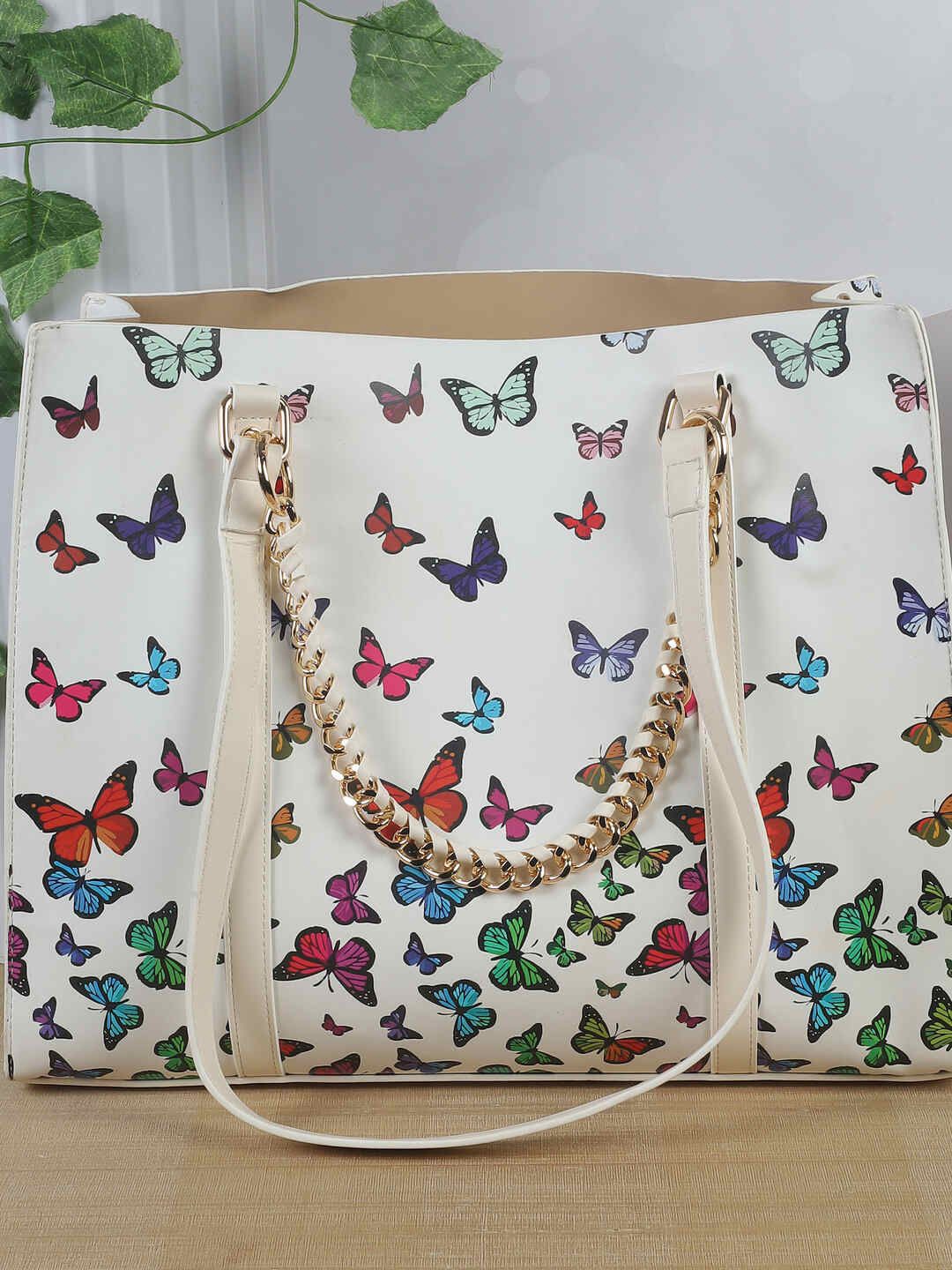 

Mochi Animal Printed PU Bucket Tote Bag with Cut Work, White
