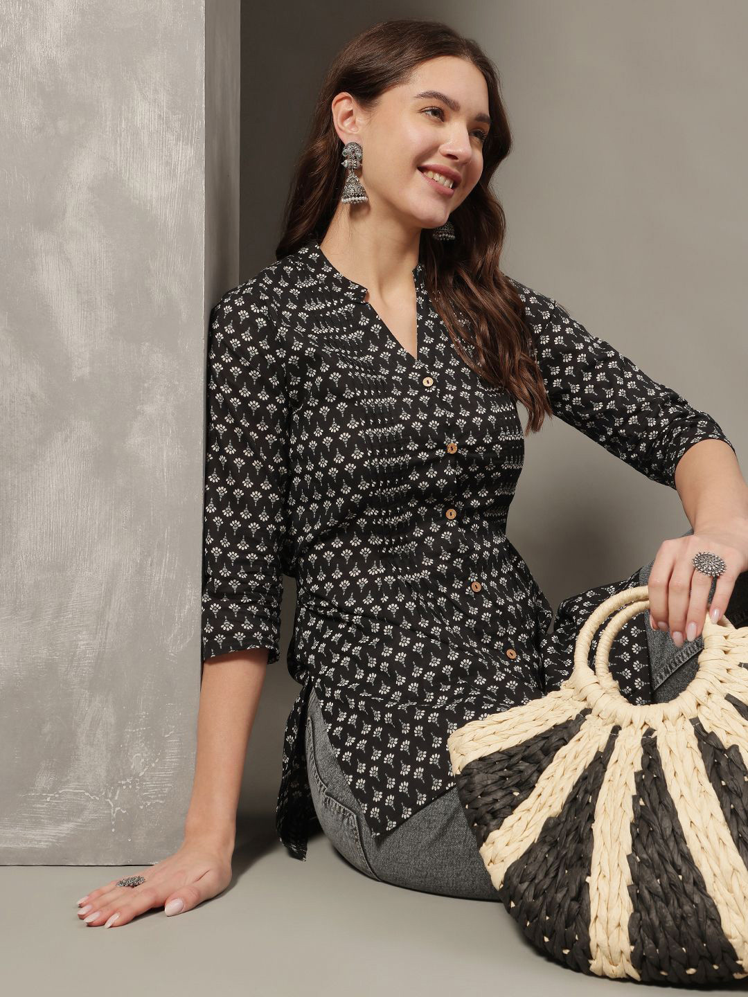 

KALINI Floral Print Cotton Top, Black