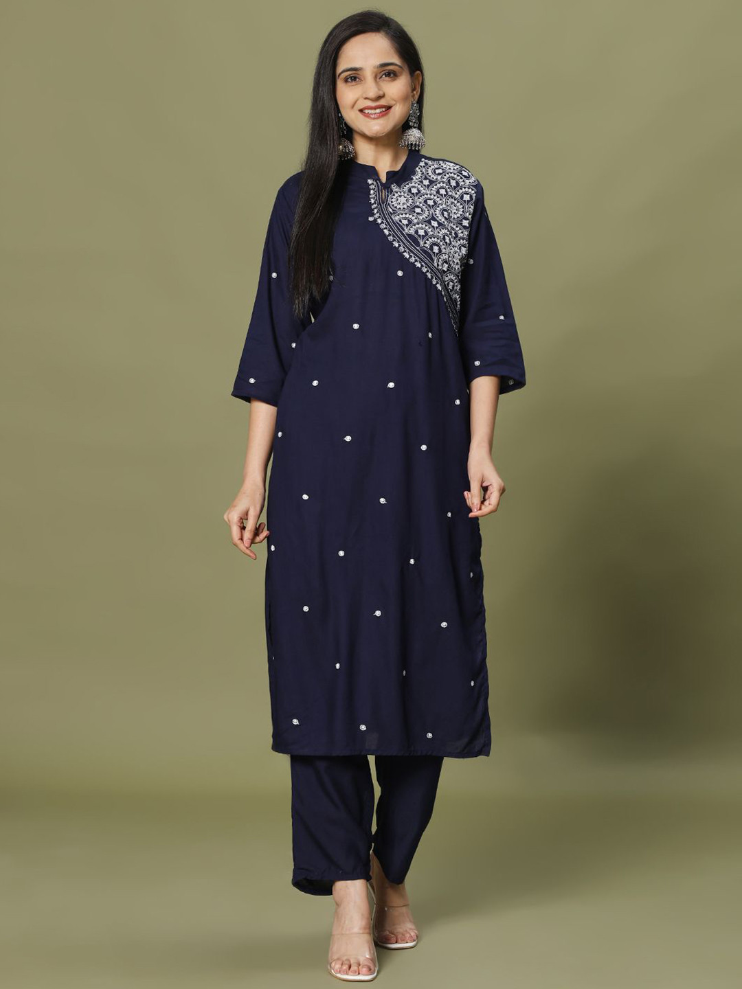 

Meena Bazaar Women Floral Embroidered Regular Kurta with Trousers, Navy blue